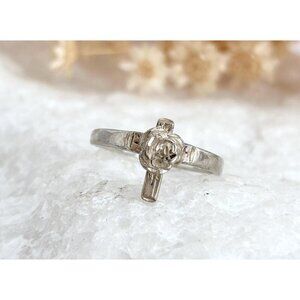 Cross Shaped + Blooming Flower Carved 925 Sterling Silver Vintage Ring - sz 6.75